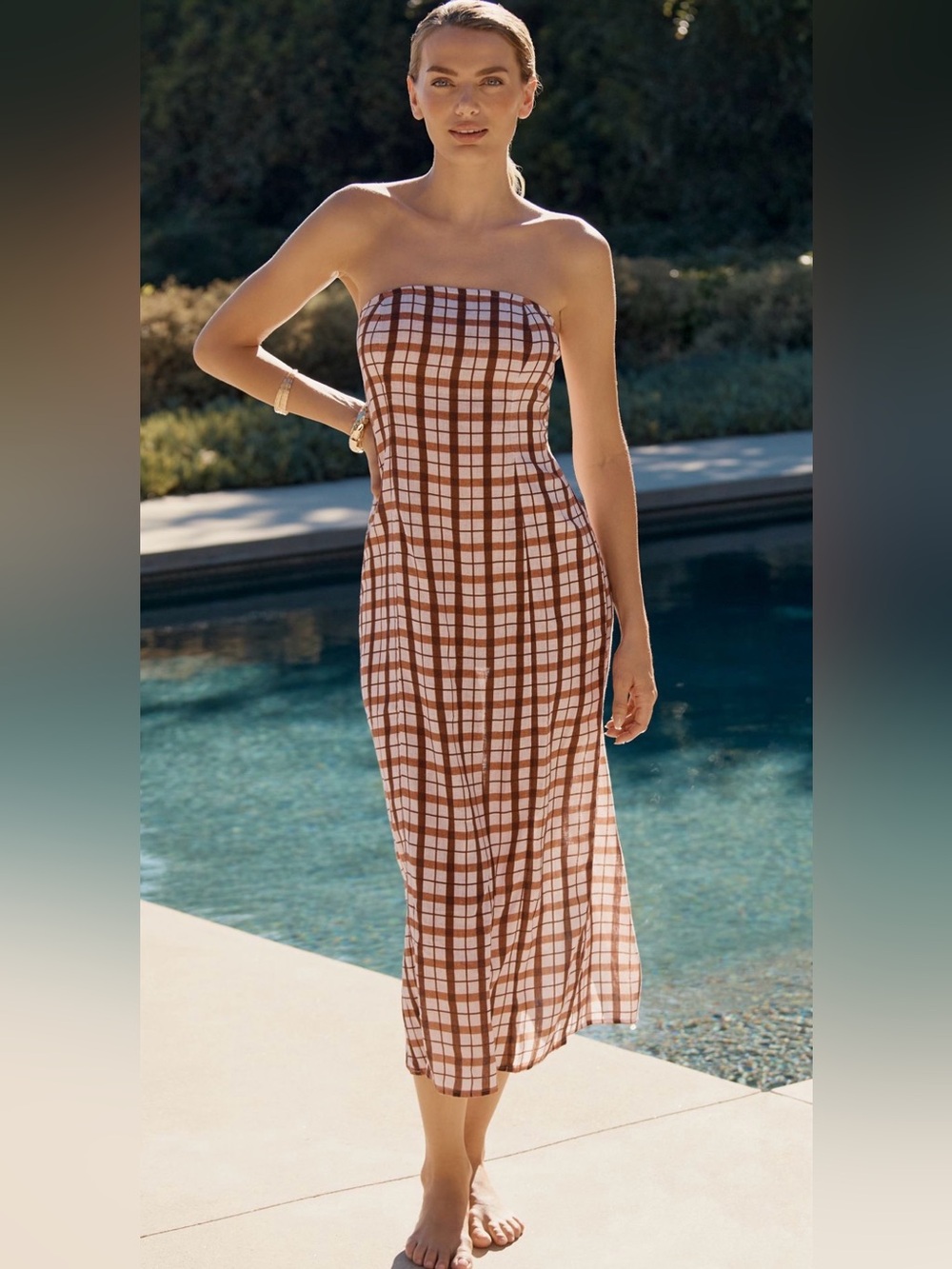 Anthropologie XL Plaid Strapless Dress Pink Brown Plaid Maxi Linen Aliza NWT $88